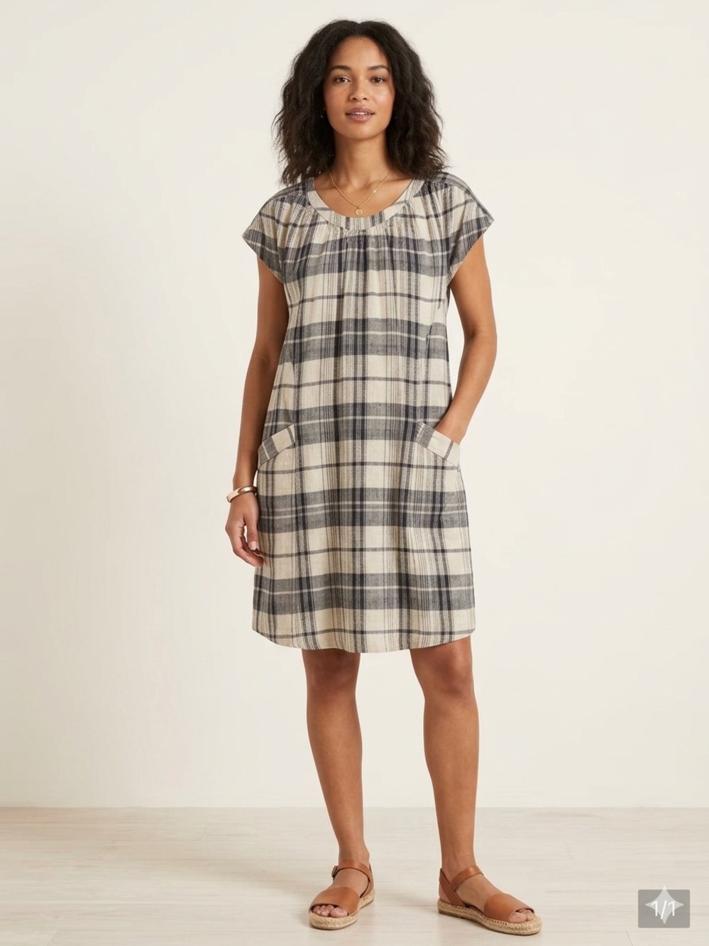 Wrap London Black & Cream Plaid Linen Blend Pocket Shift Dress US 16 NWT